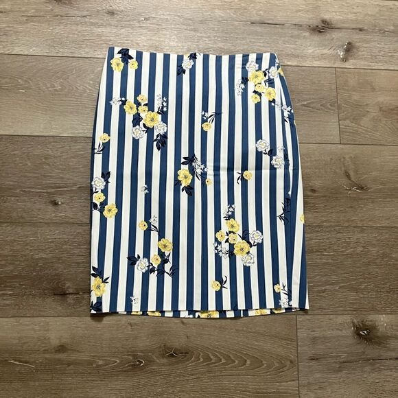 Ann Taylor Factory Pencil Skirt Blue White Striped Floral Sz 4 - Picture 1 of 6